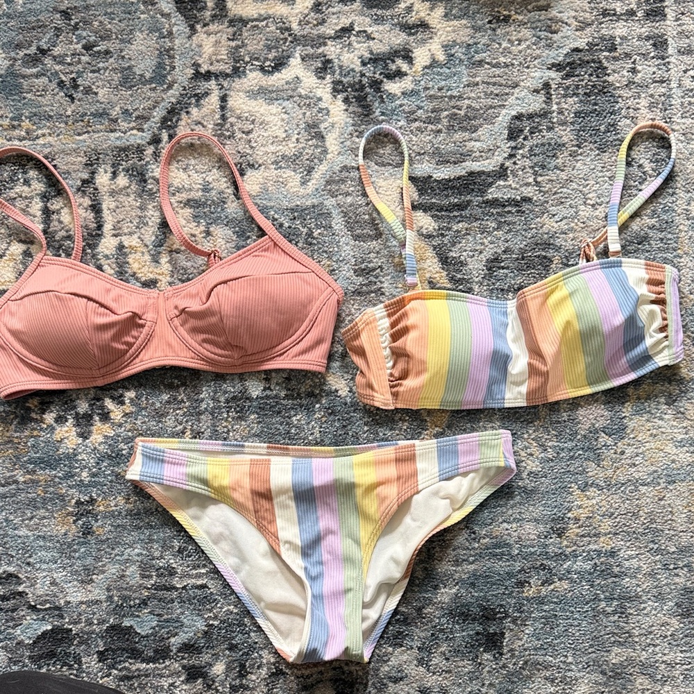 Striped and Solid Bikini Set
